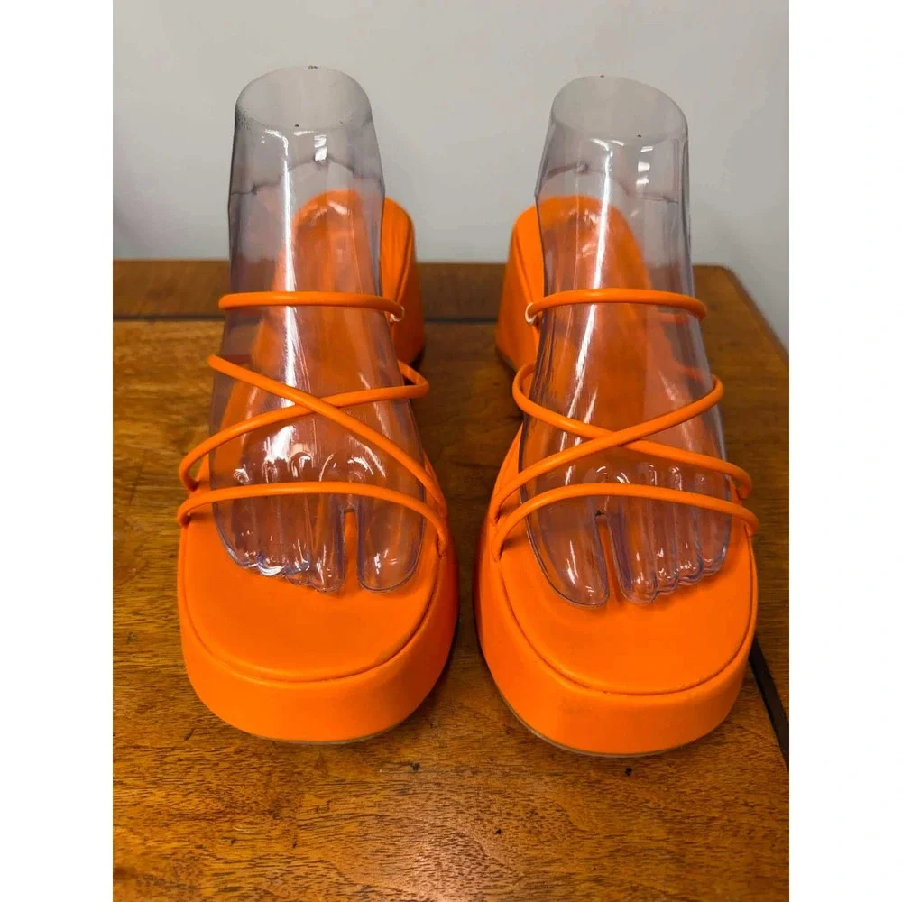 Billini Women's 10 Harris Orange Strappy Platform Sandals Chunky Wedge Slides
